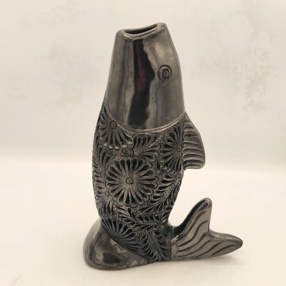 Handcarved Pearlescent Black Koi Fish Incense Burner Asian Meditation Pottery - Picture 2 of 8